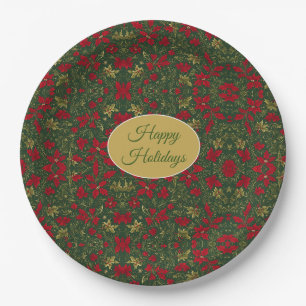 Green red gold, Holly and amaryllis Happy Holidays Paper Plate