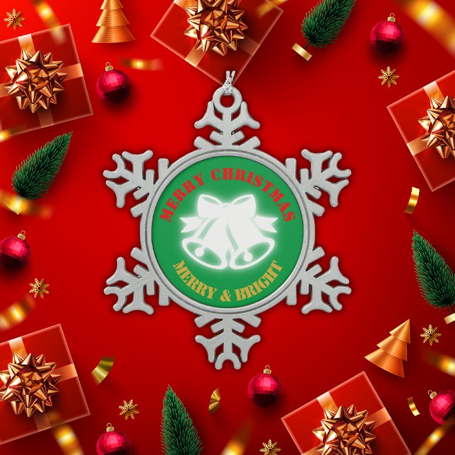 Green, Red & Gold Merry Christmas | Snowflake Pewter Christmas Ornament (Creator Uploaded)
