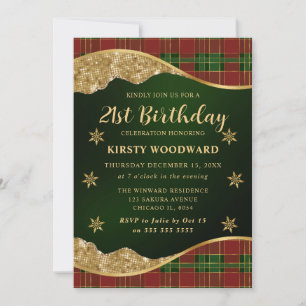 Green Red & Gold Plaid Snowflake 21st Birthday Invitation