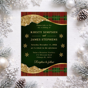 Green Red & Gold Plaid Snowflake Wedding Invitation