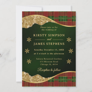Green Red & Gold Plaid Snowflake Wedding Invitation