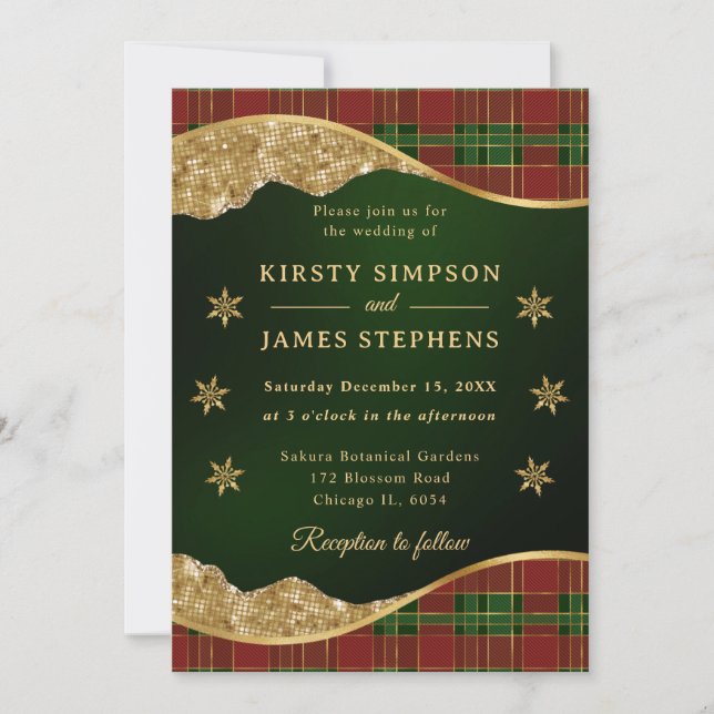Green Red & Gold Plaid Snowflake Wedding Invitation (Front)