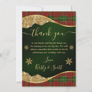 Green Red & Gold Plaid Snowflake Wedding Thank You Card
