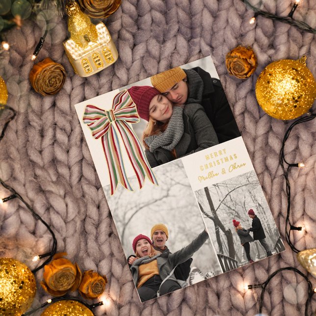 Green Red Gold Striped Bow Merry Christmas Photo Foil Holiday Card (Creator Uploaded)