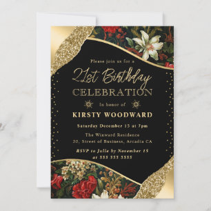 Green Red & Gold Winter Flowers 21st Birthday Invitation