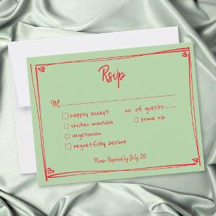 Green Red Hand Drawn Heart Whimsical Wedding  RSVP Card