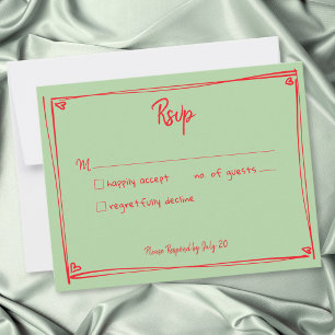 Green Red Hand Drawn Heart Whimsical Wedding  RSVP Card