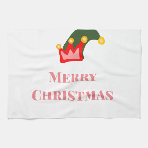Green red hat merry Christmas add name text name Tea Towel