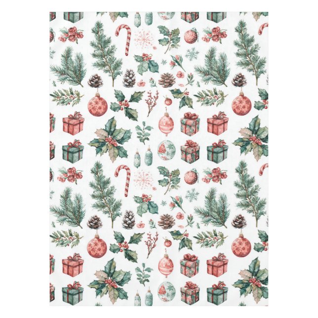 Green Red Holiday Watercolor Pine Berry Whimsical Tablecloth (Front)