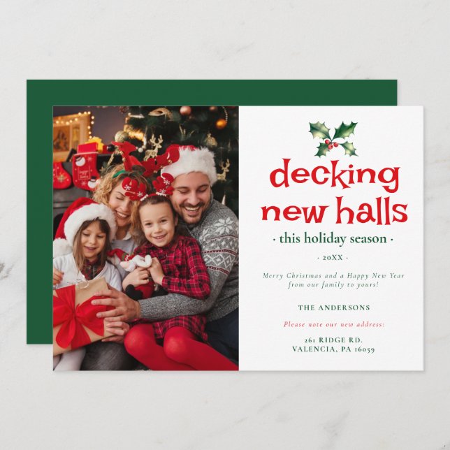 Green Red Holly Deck New Halls Home Family Photo Holiday Card (Front/Back)