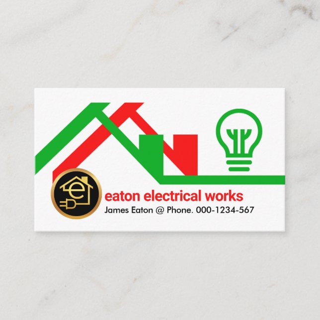 Green Red Home Wire Frame Electrician Business Card (Front)
