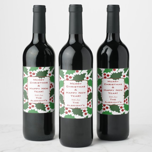 Green & Red Jolly Holly Festive Wine Bottle Label (Bottles)