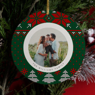 Green & Red Knit Sweater Pattern Photo Ceramic Ornament