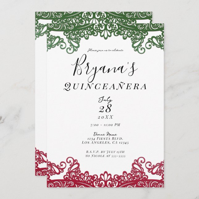 Green & Red Lace Elegant 15th Quinceañera Party Invitation (Front/Back)