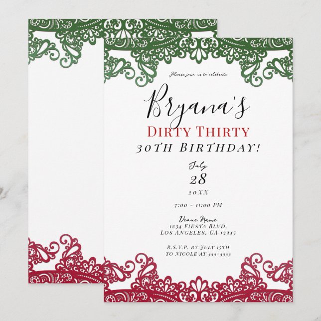 Green & Red Lace Elegant Fiesta 30th Birthday  Invitation (Front/Back)