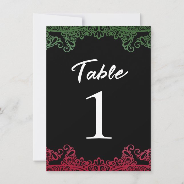 Green & Red Lace Elegant Fiesta Black Table Number (Front)