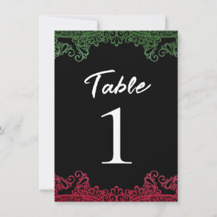Green & Red Lace Elegant Fiesta Black Table Number