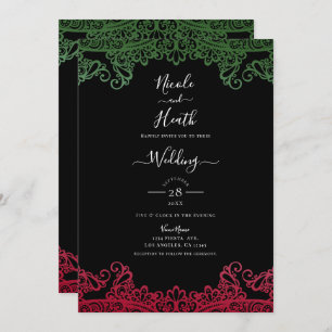 Green & Red Lace Elegant Fiesta Black Wedding   Invitation