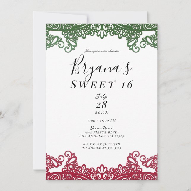 Green & Red Lace Elegant Fiesta Sweet 16 Party   Invitation (Front)