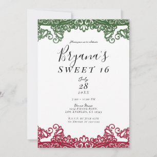 Green & Red Lace Elegant Fiesta Sweet 16 Party   Invitation