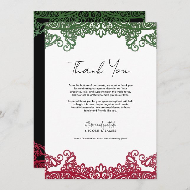 Green & Red Lace Elegant Fiesta Thank You Invitation (Front/Back)