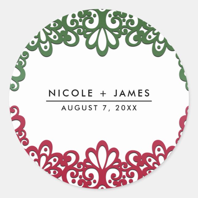 Green & Red Lace Elegant Fiesta Wedding  Classic Round Sticker (Front)