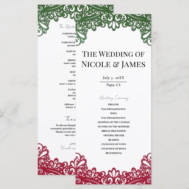 Green & Red Lace Elegant Fiesta Wedding Program (Front/Back)