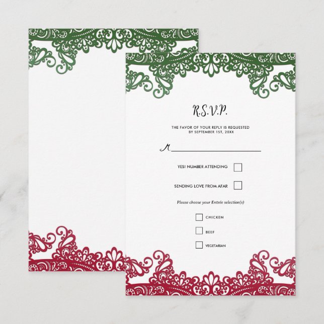 Green & Red Lace Elegant Fiesta Wedding RSVP Card (Front/Back)