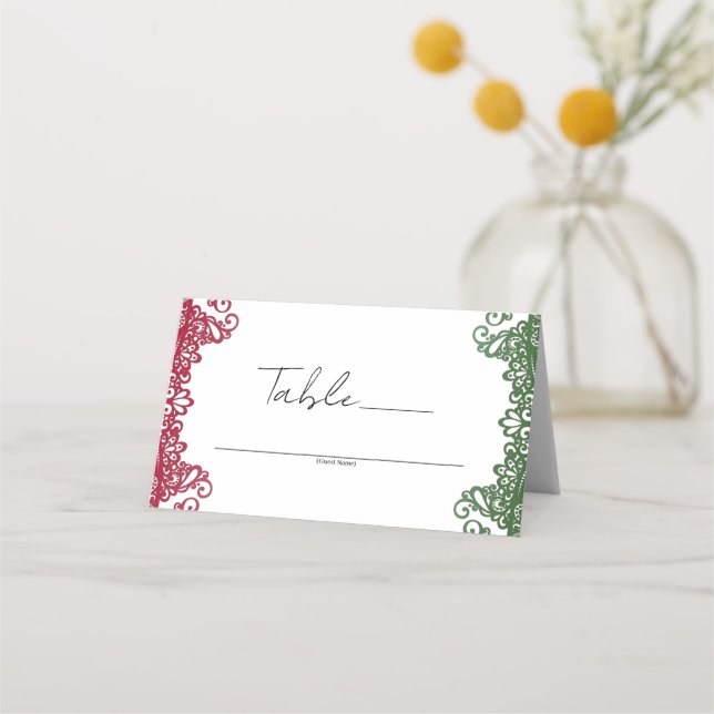 Green Red Lace Elegant Fiesta Wedding Table Number Place Card (Front)