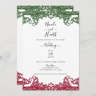 Green & Red Lace Elegant Fiesta White Wedding      Invitation