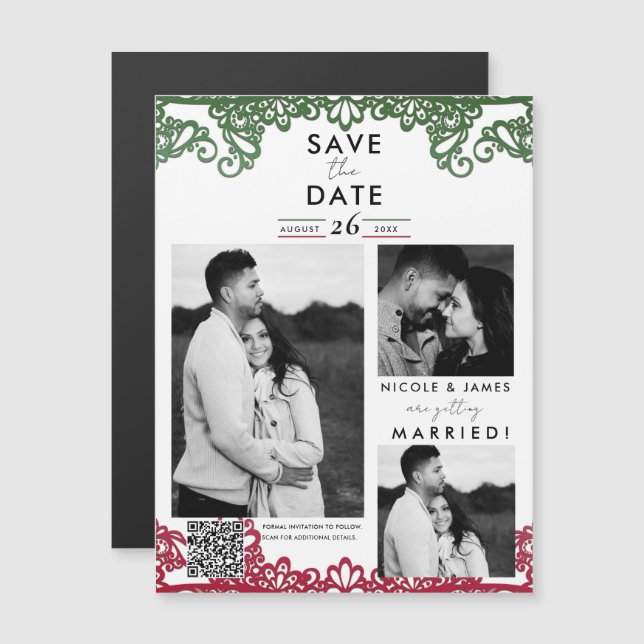 Green & Red Lace Fiesta Wedding Save the Date (Front/Back)