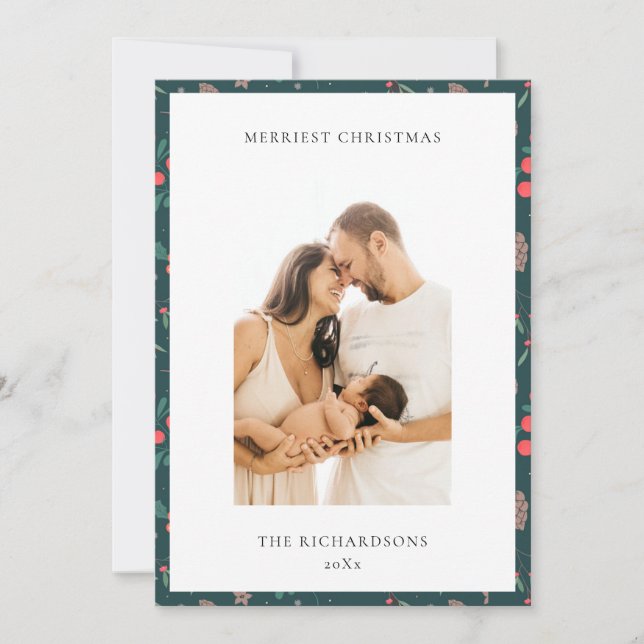 Green Red Merriest Christmas Floral Pattern Photo Holiday Card (Front)