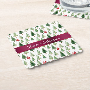 Green Red Merry Christmas Trees Paper Coaster