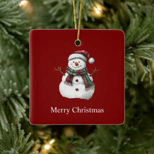 Green Red Merry Christmas Trees Snowman Ceramic Ornament