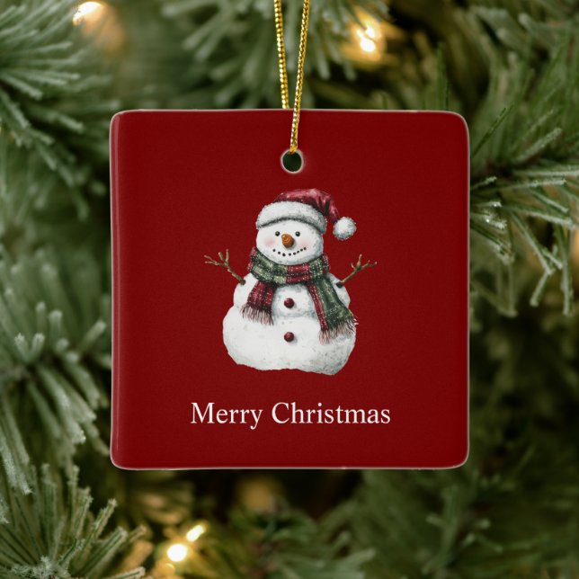 Green Red Merry Christmas Trees Snowman Ceramic Ornament (Tree)