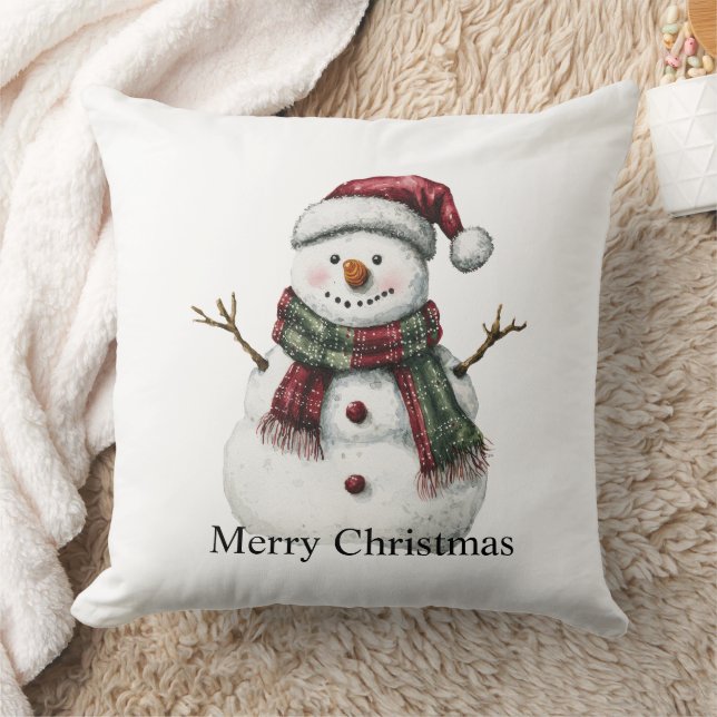 Green Red Merry Christmas Trees Snowman Cushion (Blanket)