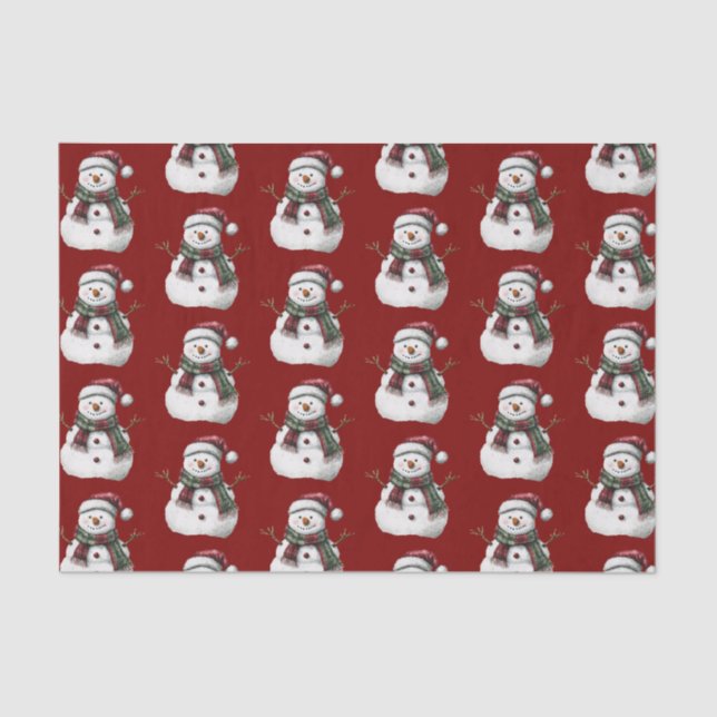 Green Red Merry Christmas Trees Snowman Tissue Paper (Front)