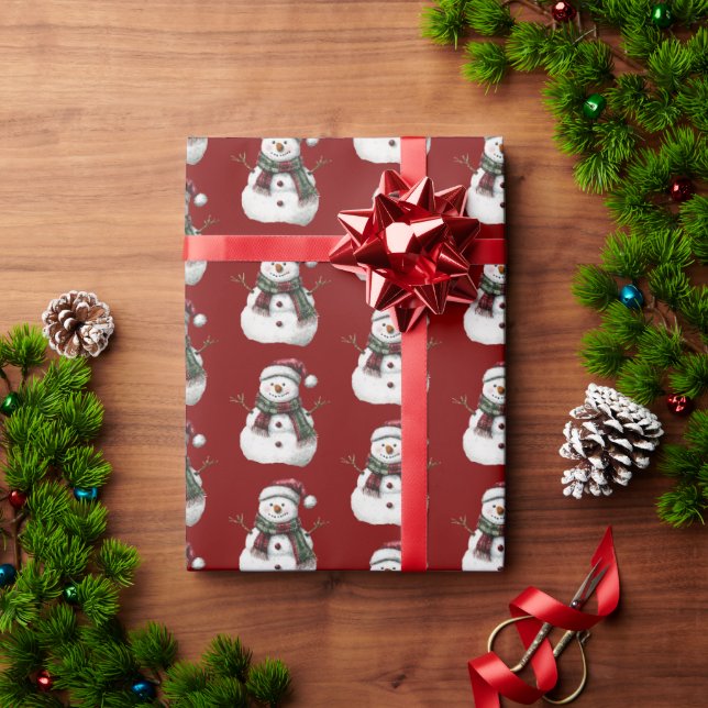 Green Red Merry Christmas Trees Snowman Wrapping Paper (Holiday Gift)