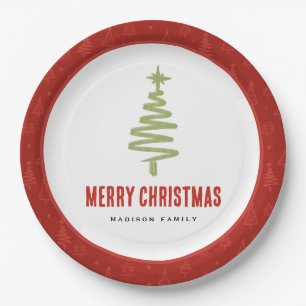 Green & Red Minimal Christmas Tree Family Holiday Paper Plate