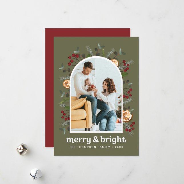 Green Red Mod Arch Frame Family Photo Christmas  Holiday Card (Front/Back In Situ)