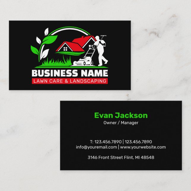 Green Red Modern Lawn Care Landscaping Services Business Card (Front/Back)