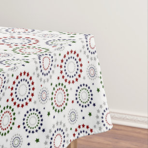 Green Red Navy Silver Stars on White  Tablecloth