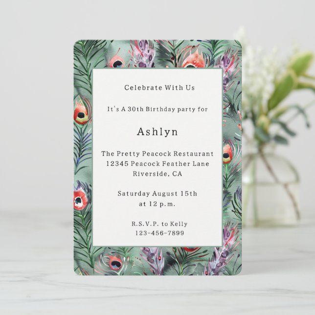 Green Red Peacock Feathers Birthday Invitation (Standing Front)