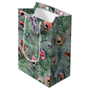 Green Red Peacock Feathers Birthday Medium Gift Bag