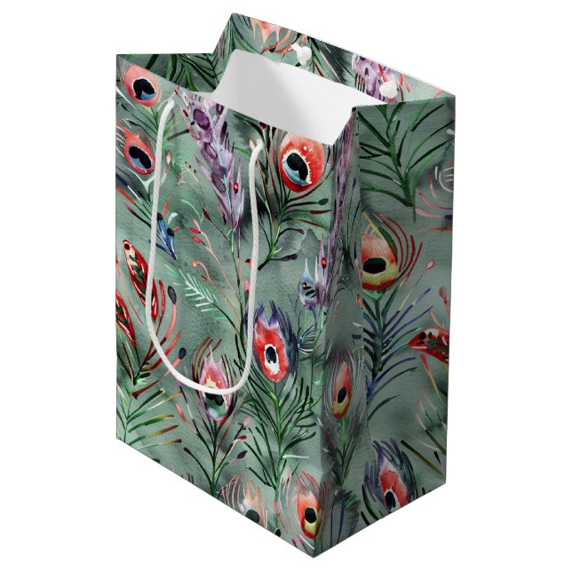 Green Red Peacock Feathers Birthday Medium Gift Bag (Front Angled)