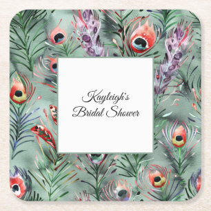 Green Red Peacock Feathers Bridal Shower Square Paper Coaster