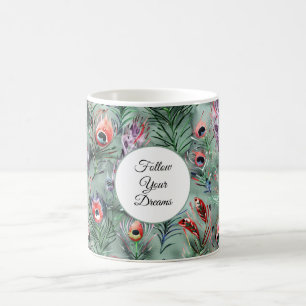 Green Red Peacock Feathers   Coffee Mug