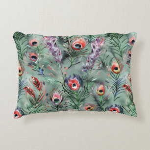 Green Red Peacock Feathers Decorative Cushion