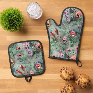 Green Red Peacock Feathers   Oven Mitt & Pot Holder Set
