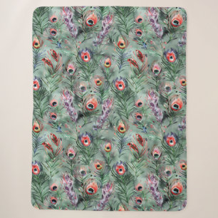 Green Red Peacock Feathers Sherpa Blanket